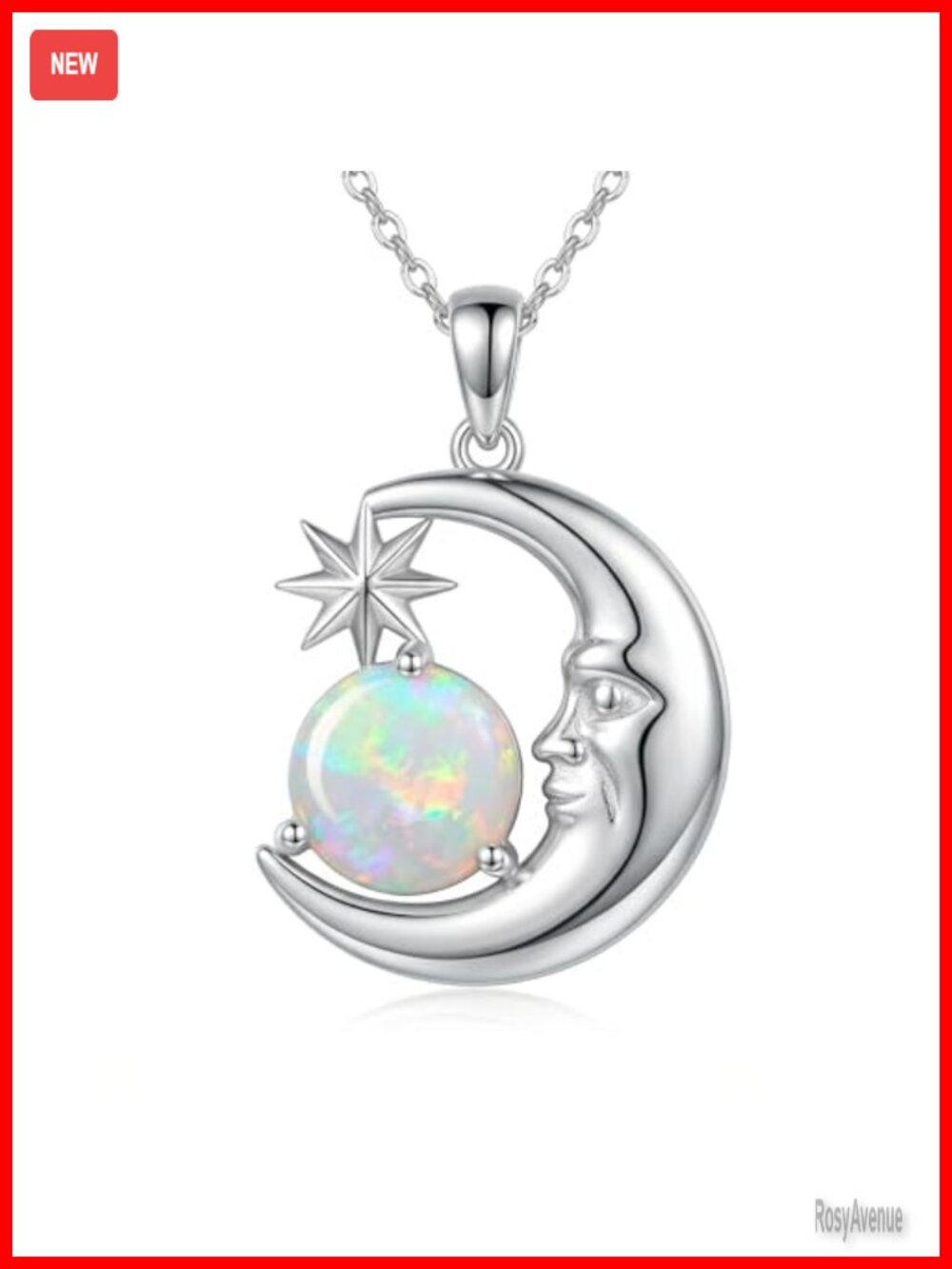 925 Sterling Silver Opal Pendant Necklace Half Moon Face Star Women